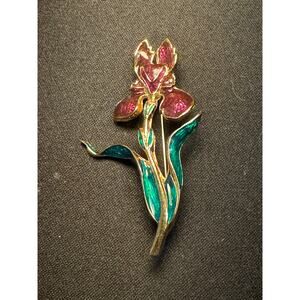 Vintage Iris Flower Purple Green Enamel Petals Brooch